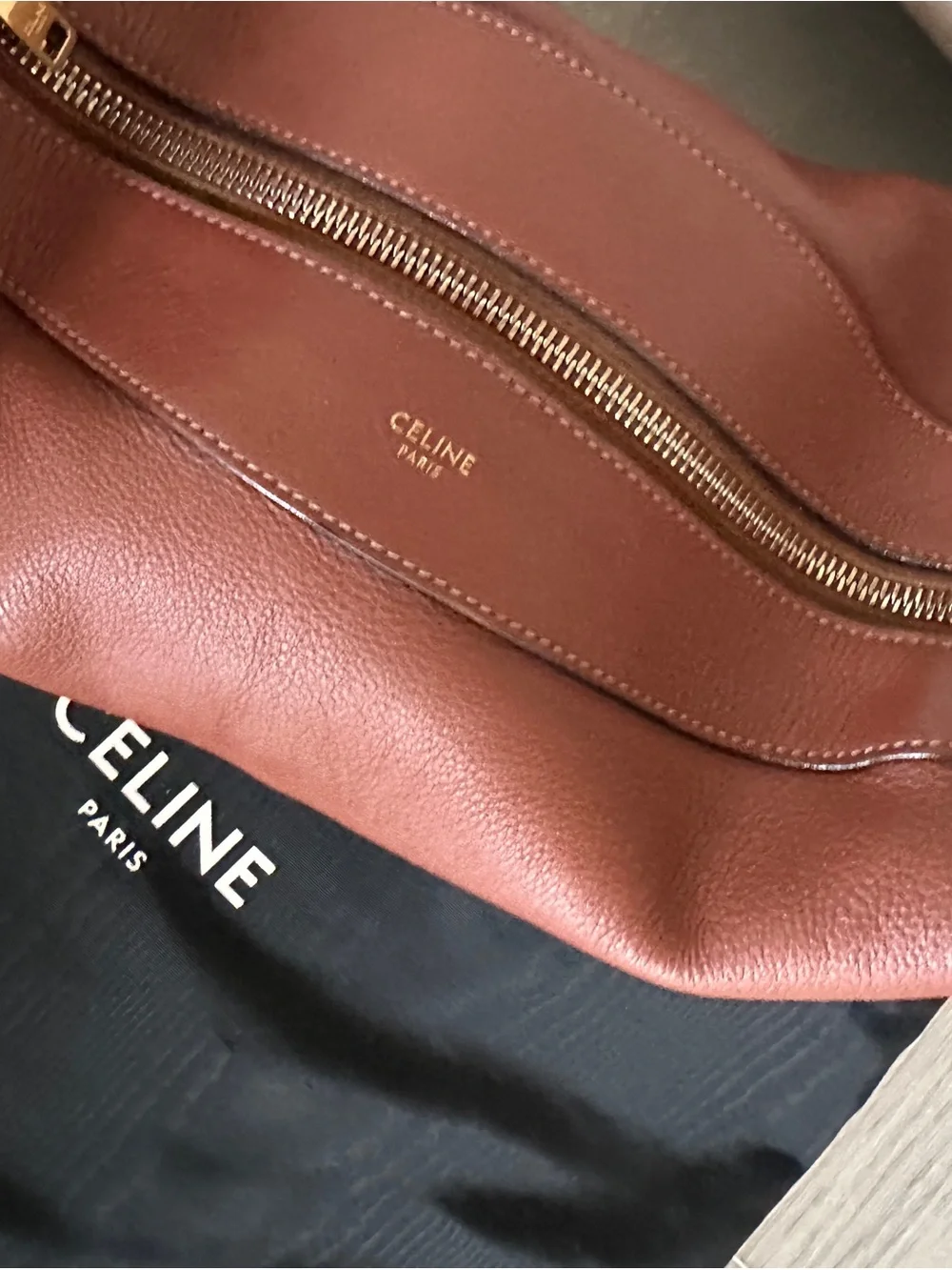 Celine Chestnut Brown Pebbled Leather Shoulder Bag with Gold Hardware.